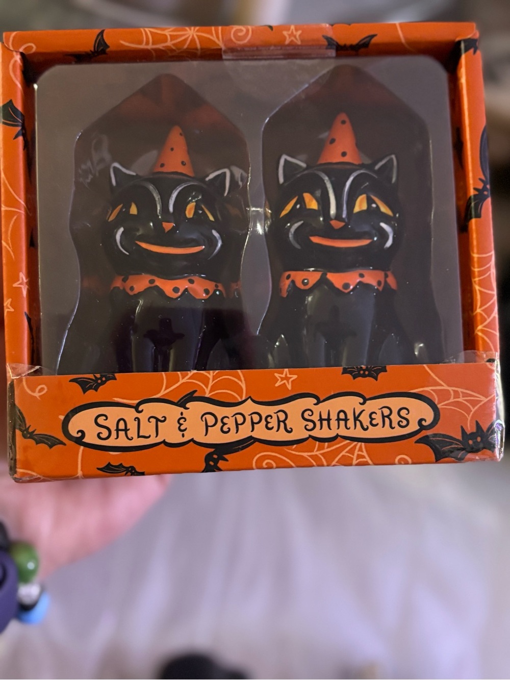 Johanna Parker Halloween Black Cat Salt & Pepper Shakers Orange Accents NWT! 🐈⬛